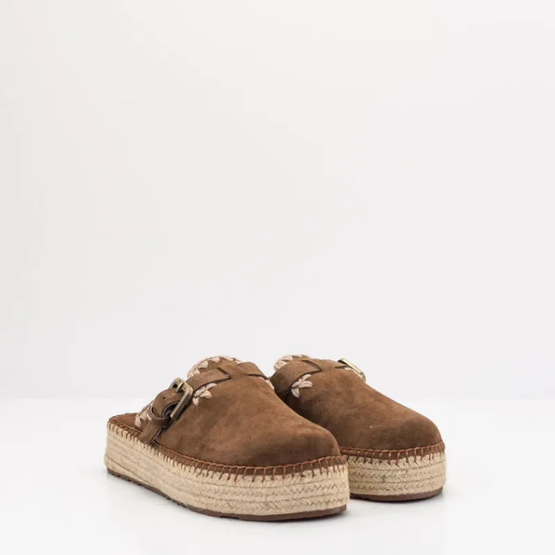 Mujer MOU Zuecos-ZUECO - - JUTE CLOG PLAIN SUEDE NUT BROWN LEATHER