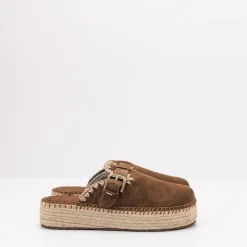 Mujer MOU Zuecos-ZUECO - - JUTE CLOG PLAIN SUEDE NUT BROWN LEATHER