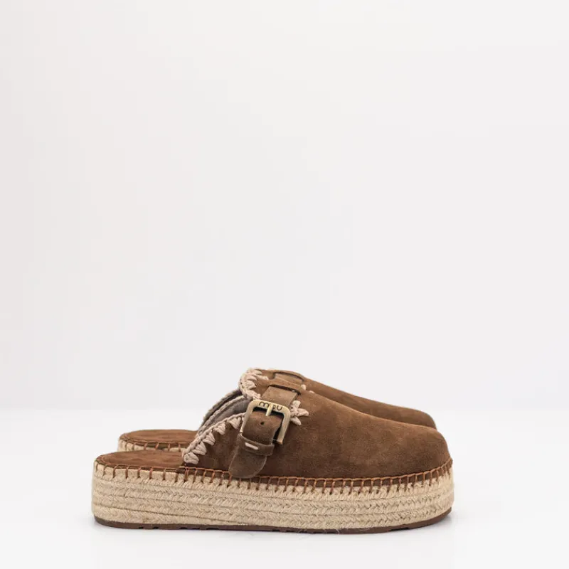 Mujer MOU Zuecos-ZUECO - - JUTE CLOG PLAIN SUEDE NUT BROWN LEATHER