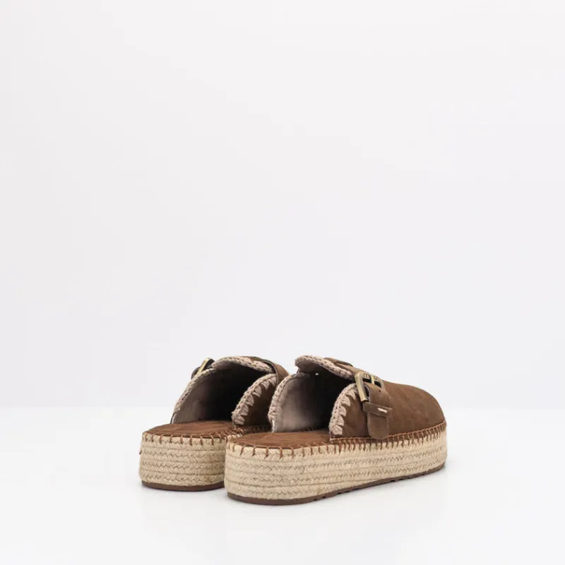 Mujer MOU Zuecos-ZUECO - - JUTE CLOG PLAIN SUEDE NUT BROWN LEATHER
